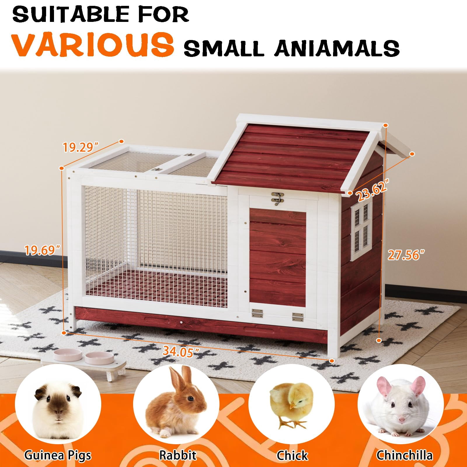Home Outdoor Wooden Rabbit Hutch, 34'' Indoor Large Rabbit Cage with Nesting Box Chicken Coop Expandable, Weatherproof Bunny Cage with Anti-Chew Metal Frame Ramp for Backyard Small Animals