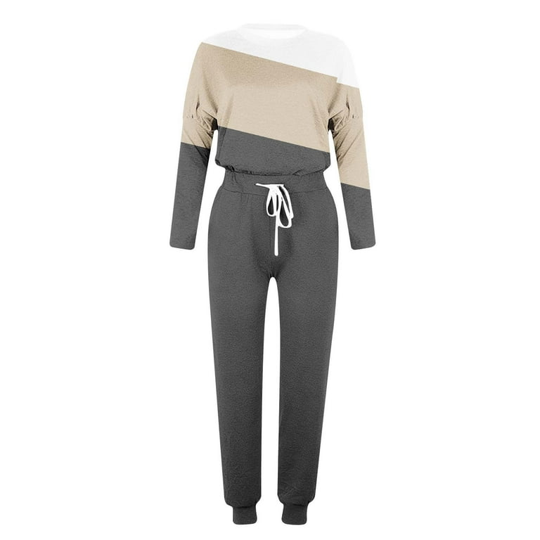 Posijego Womens 2 Piece Tracksuit Outfit Color Block Long Sleeve Crew Neck  Top Drawstring Sweatpants Set 