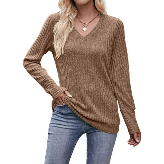 Long Sleeve Shirts for Women V Neck Casual Fall Tops Loose Fit Sweaters Tunic Fashion 2025 Clothes Camel XL
