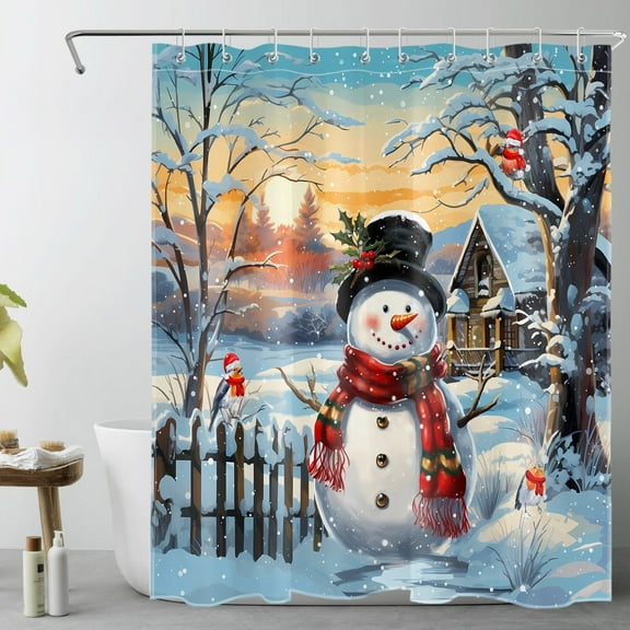 HVEST Christmas Snow Shower Curtain Cute Snowman with Christmas Cardinal and Cabin Shower Curtain for Bathroom Warm Sunset Snow Scene Bathroom Shower Curtain with Hooks, 72L x 60W Inch