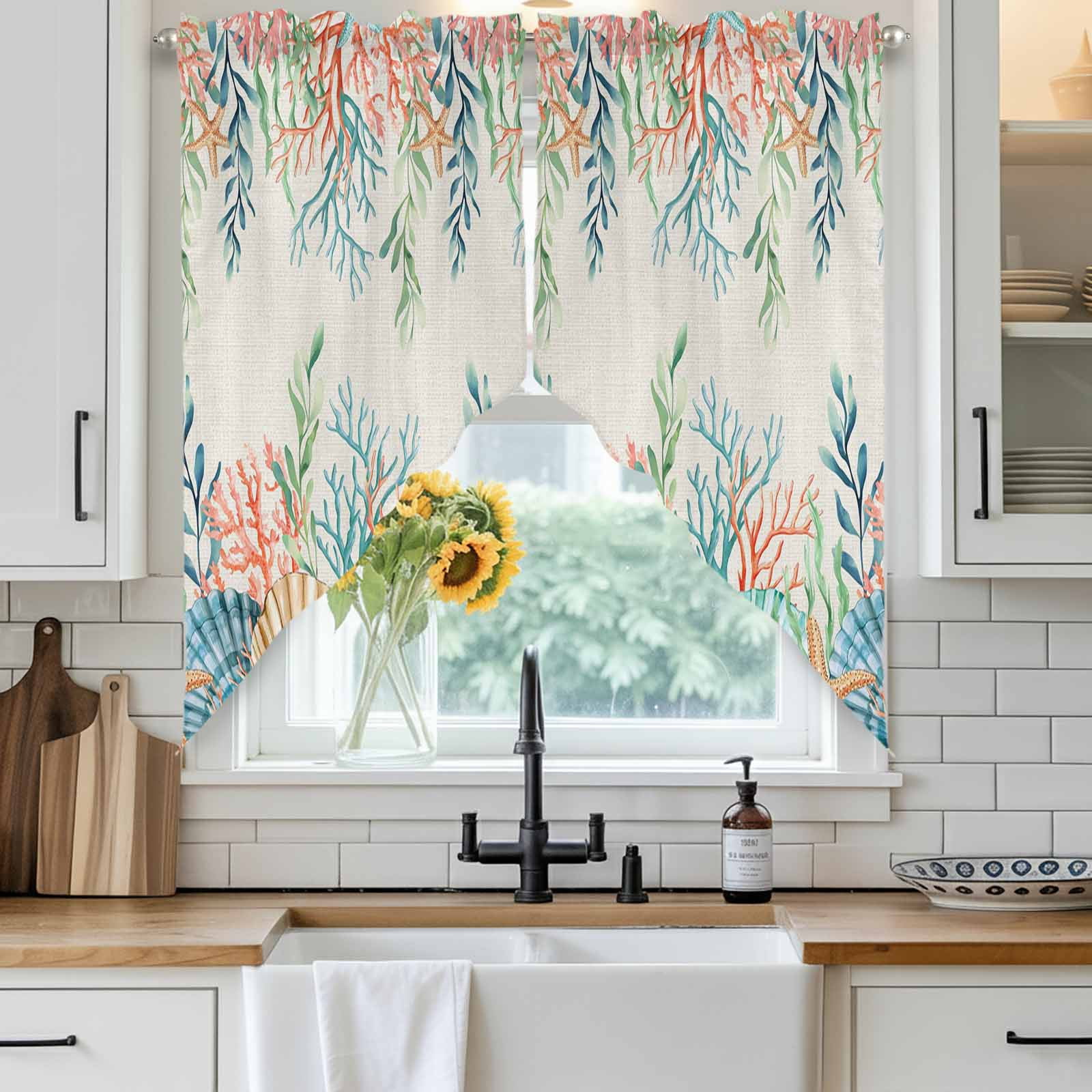 Summer Beach Swag Kitchen Curtain Valances, Ocean Colorful Coral Shell Seaweed Starfish Linen Rod Pocket Curtains Window Treatment Decor Valances for Bedroom Bathroom, 2 Panels 36 x 45 Inch