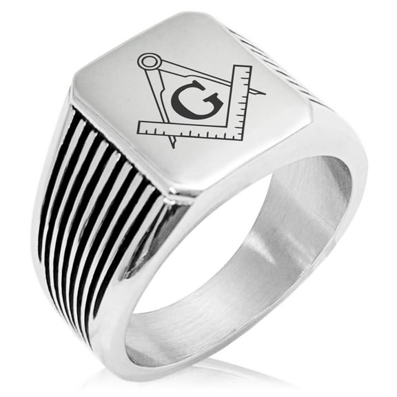 Stainless Steel Freemasons Masonic Compass Needle Stripe Pattern Biker Style Polished Ring
