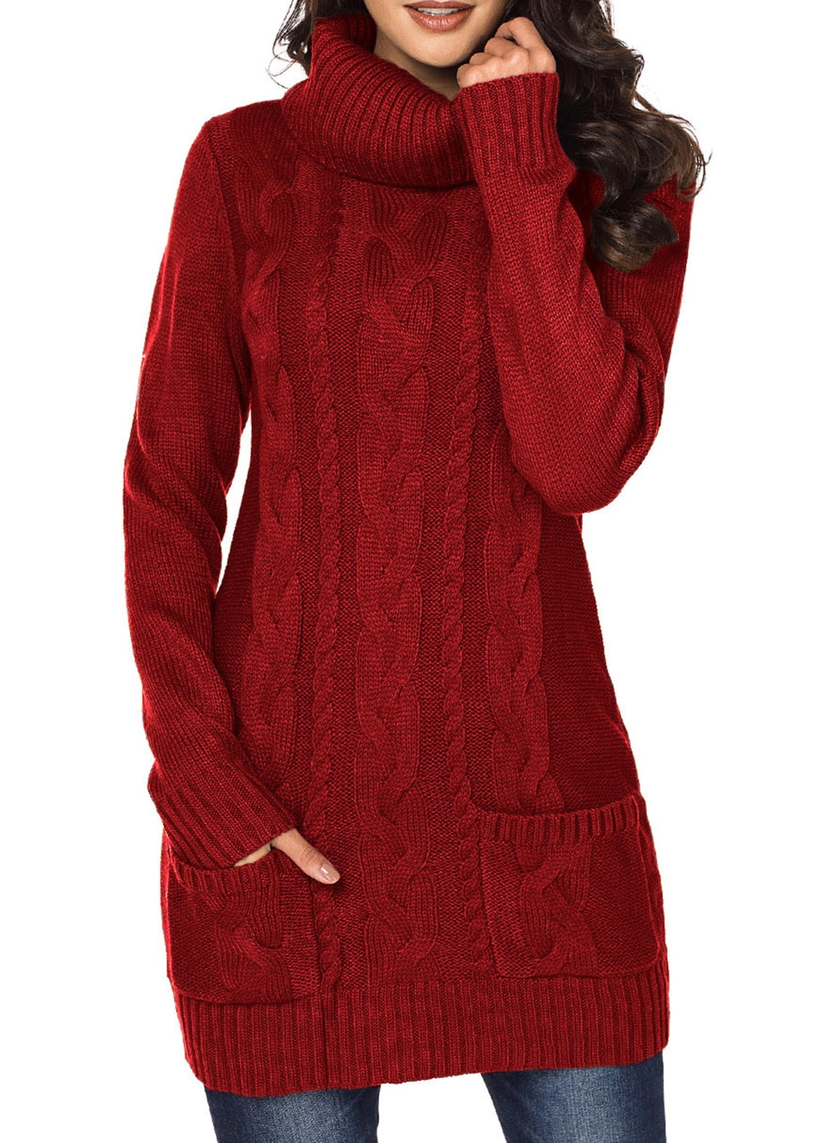 Rosfancy Womens Turtleneck Sweater Long Sleeve Twist Chunky Cable Knit Pullover Sweaters Dress