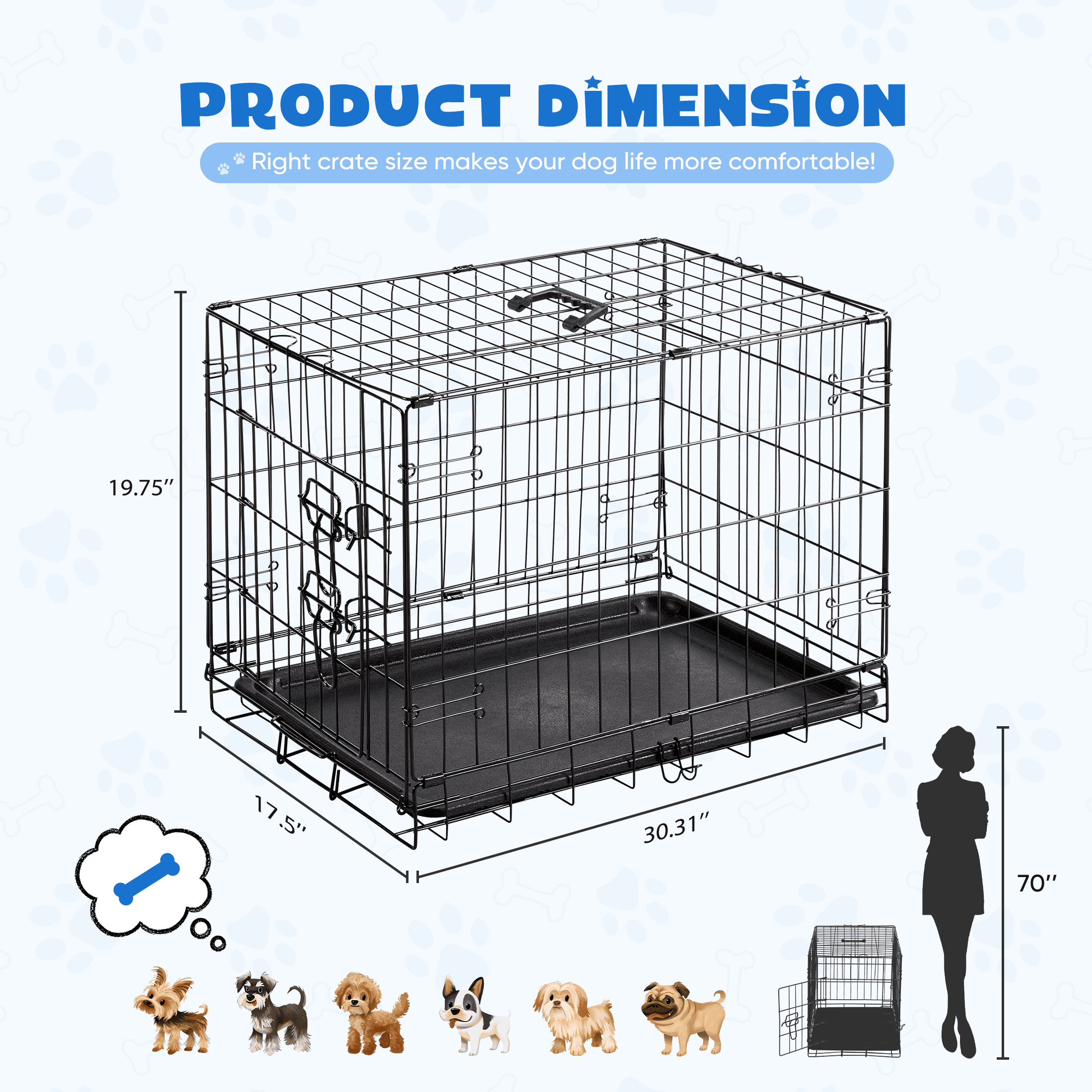 EDX Medium Dog Crate, 30" Single Door Folding Metal Wire Dog Cage with Plastic Leak-Proof Pan Tray