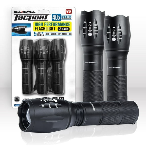 Bell + Howell Taclight Lampe de Poche Tactique Noire 3-Pack – LED Ultra Lumineuse, 5 Modes, Zoom Ajustable, Étanche, Aluminium Durable