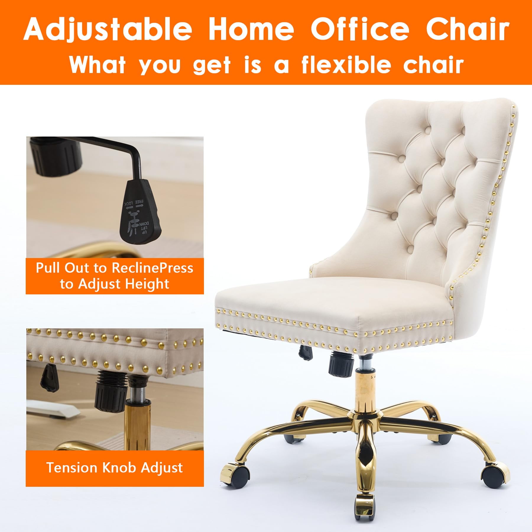 Pawverly Velvet Upholstered Office Chair, Tufted Button Swivel Desk Chair with Adjustable Height, Gold Metal Base & Wheels, Modern Vanity Chair, Beige
