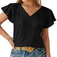 thumbnail image 1 of Timegard Womens Summer Tops Ruffle Short Sleeve V Neck Ruched Solid Color Loose Lightweight Casual Tee, 1 of 6