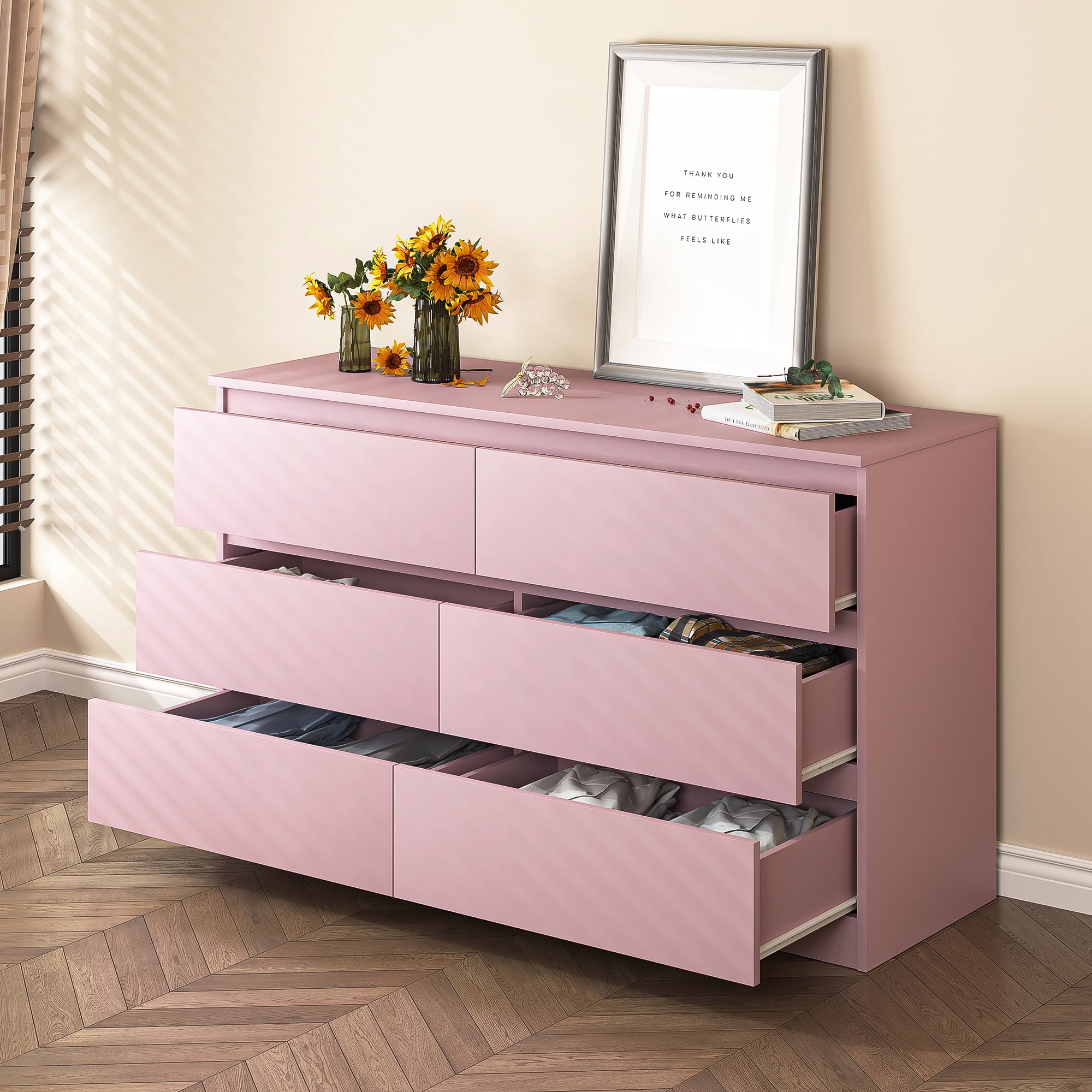 Kadyn Pink Chest of Drawer, 6 Double Drawer Dresser for Bedroom, Modern Storage Cabinet for Living Room, Dresser