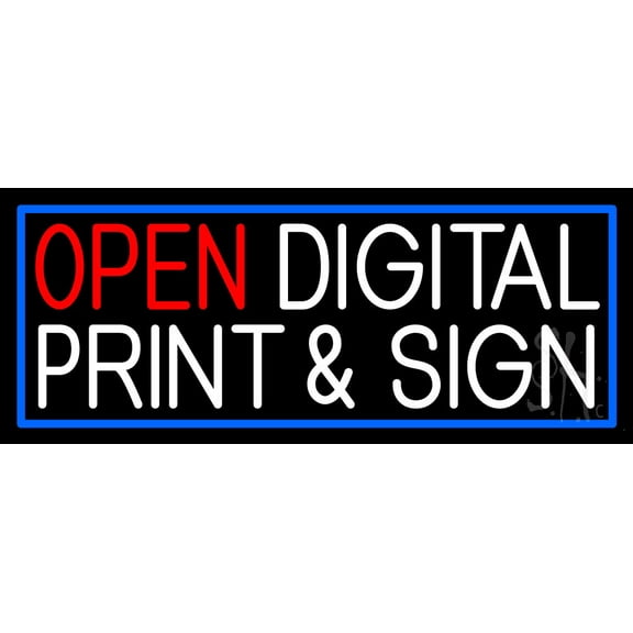 Open Digital Print And Sign With Blue Border LED Neon Sign 10 x 24 - inches, Clear Edge Cut Acrylic Backing, with Dimmer - Bright and Premium built indoor Neon Sign for Computer & Electronics store.
