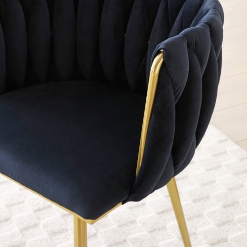Set of 2 Modern Velvet Dining Chairs with Woven Backrest & Golden Metal Legs – Upholstered Accent Chairs for Dining Room, Kitchen, Living Room, Bedroom, Vanity, Black