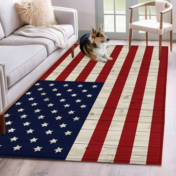 American Flag Area Rug 4x6 Washable Rug Non Slip Vintage Wooden Star Striped Red Blue Large Area Rug Indoor Floor Carpet for Entryway Bedroom Kitchen Living Room Home Office Dining Room Nursery