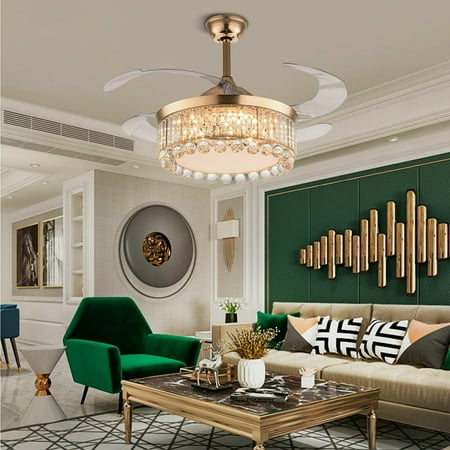 

DENEST 42 Gold Crystal Chandelier LED Ceiling Fan Light Invisible Blade with Remote Control
