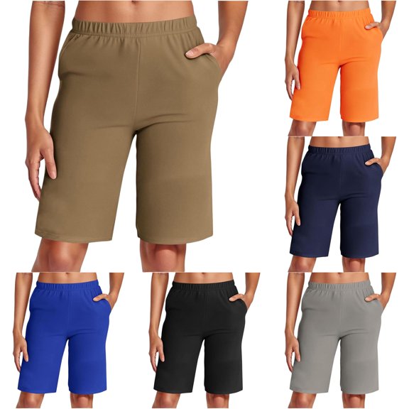 Rggeeun Womens Shorts Summer Elastic Waistband with Pockets Solid Color Wide Leg Knee Length Smooth Relaxed Fit for Streetwear Simple Bottoms,Beige,S