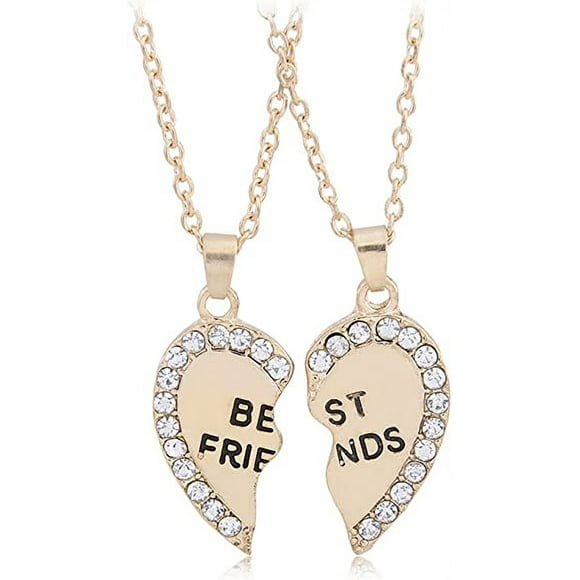 2 Broken Heart Rhinestone Best Girlfriend Necklace Chain for 2PCs 1 Set, Base Metal