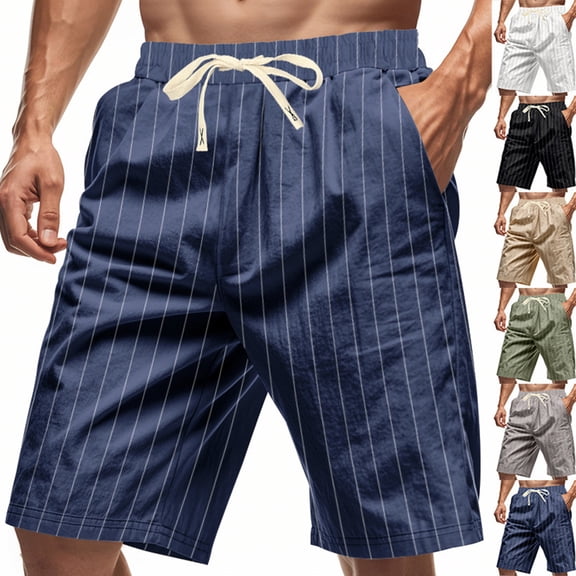 Men's Striped Linen Shorts Casual Elastic Waist Drawstring Pants Summer Lightweight Beach Shorts with Pockets, M