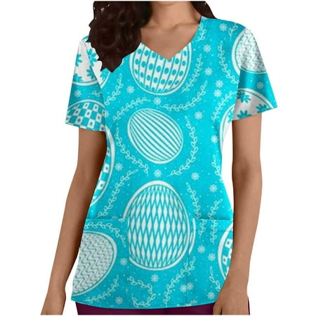 

DTBPRQ Happy Easter Scrub_Tops for Women Rabbit Print Working Uniform Shirts Plus Size Workwear Novelty T-Shirt with Pocket