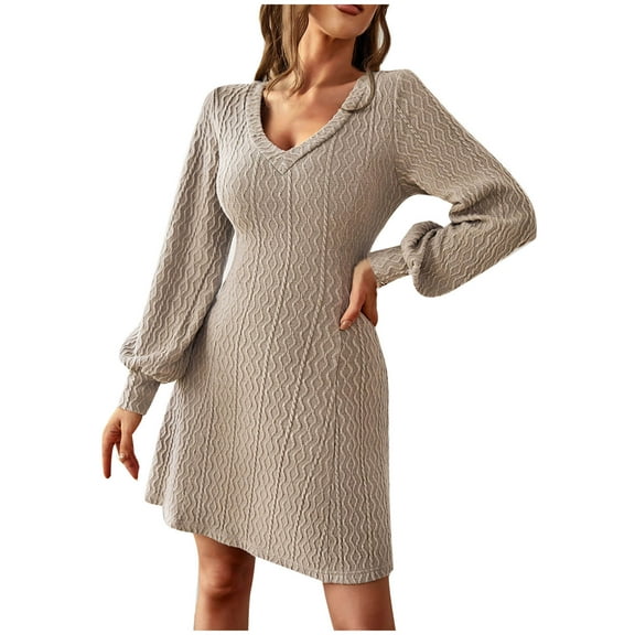 Long Sleeve Dress for Women V Neck Solid Color Knitted Sweater Dress Casual Soft Comfy A Line Short Mini Dress