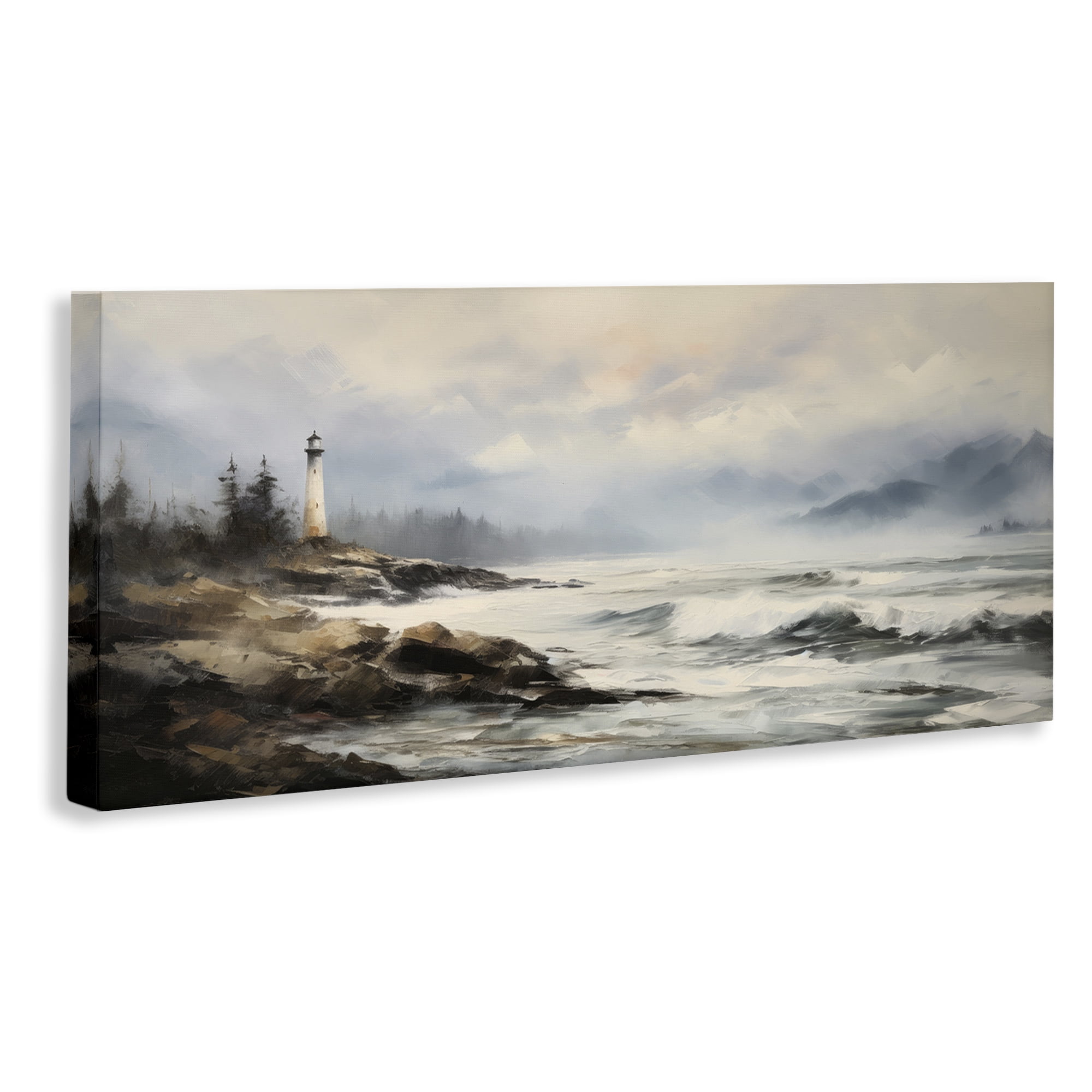 Stupell Industries Coastal Lighthouse Waves Coastal Painting Gallery Wrapped Canvas Art Print Wall Art, 24 x 10