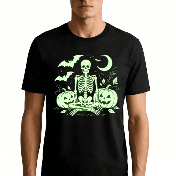 Halloween Green Glow-in-the-Dark Skeleton and Pumpkin Luminous Graphic T-Shirt Short Sleeve 100% Cotton Casual Tee Unisex T-Shirt