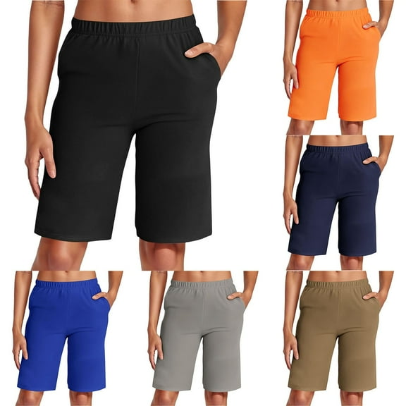 Plus Size Shorts Stretch Waist Comfortable Wear Elastic Waistband With Pockets Basic Solid Color Shorts Women Black L