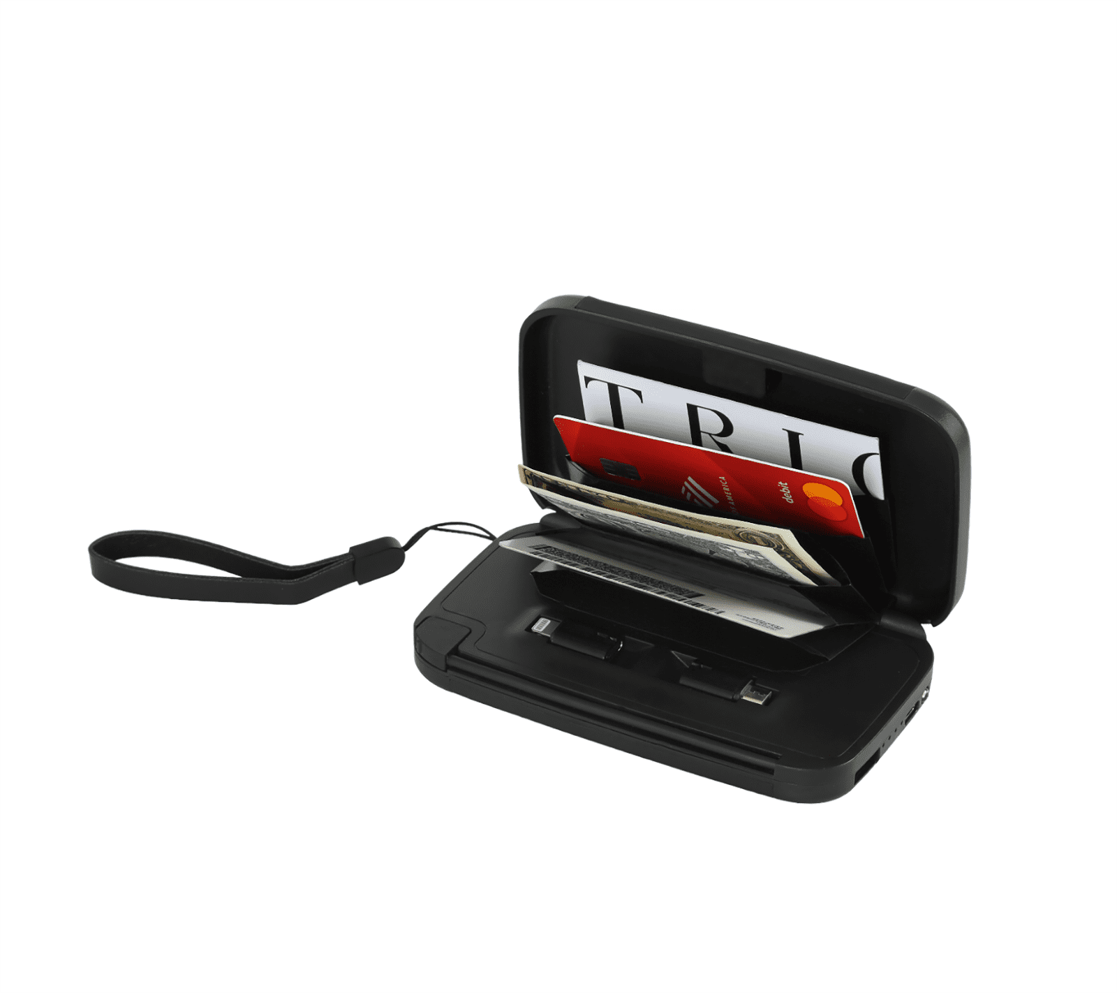 RFID Blocking Wallet & Power Bank With Built-In Charging Cable & Interchangeable Adapters (Black)