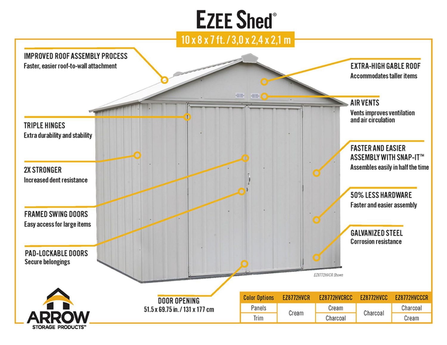 EZEE Shed Steel Storage 10 x 8 ft. Galvanized Extra High Gable Charcoal with Cream Trim