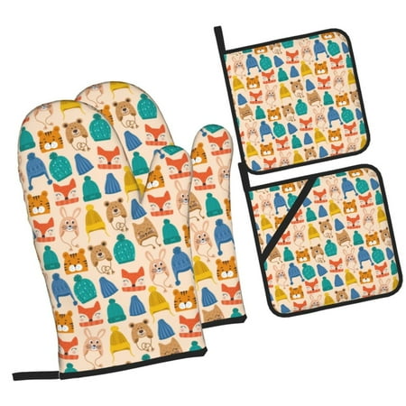 

Tebeau Small Animals with Knit Hat Pattern Print 4 Pcs Oven Mitts and Pot Holders 500°F High Heat Resistant Kitchen Oven Mitts with Pot holders Long Oven Mitts for Baking and Cooking