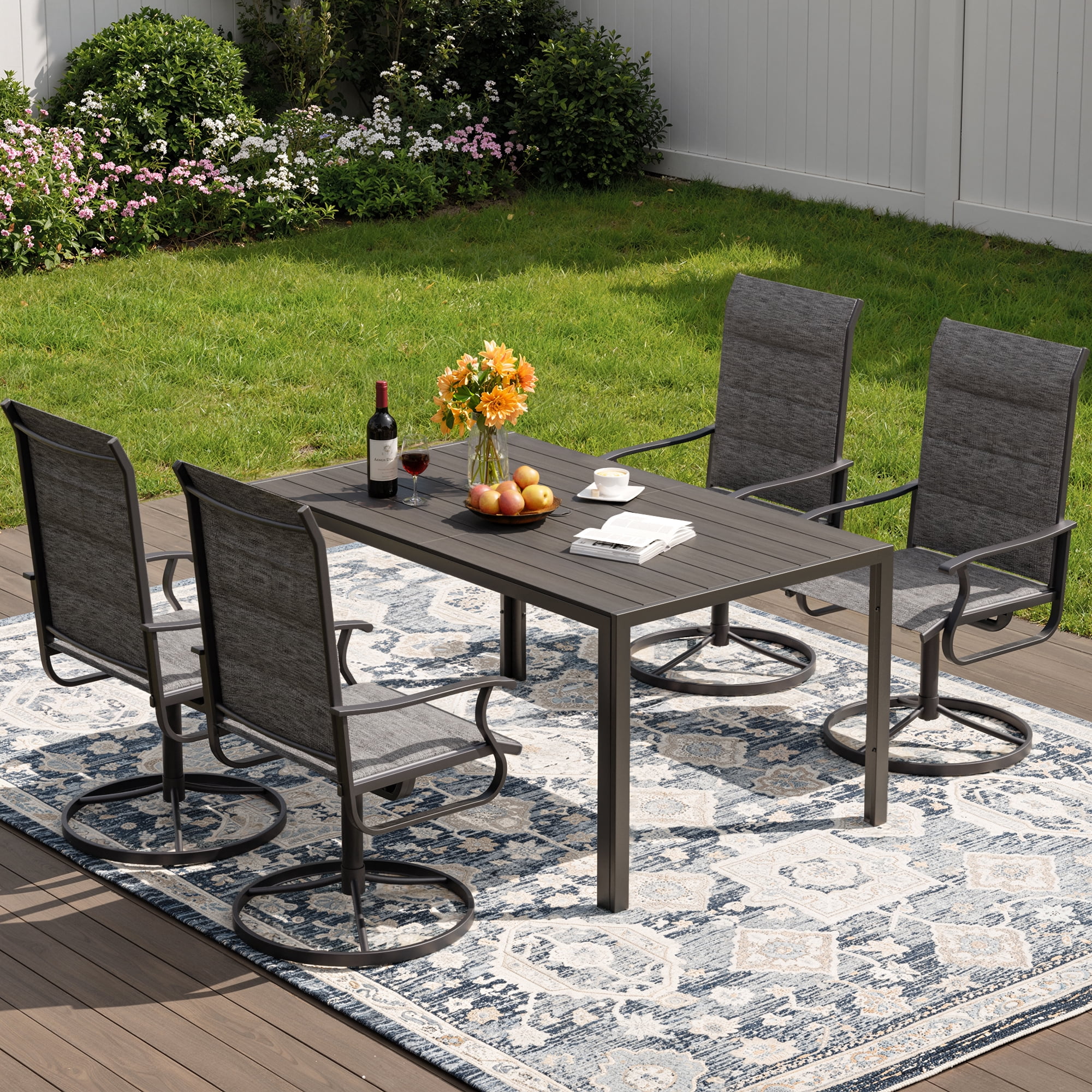 Techmilly Patio Swivel Chairs Set of 4, Outdoor Dining Chairs High Back Padded All Weather Breathable Textilene Outdoor Swivel Chairs with Metal Rocking Frame for Lawn Garden Backyard Deck, Dark Grey