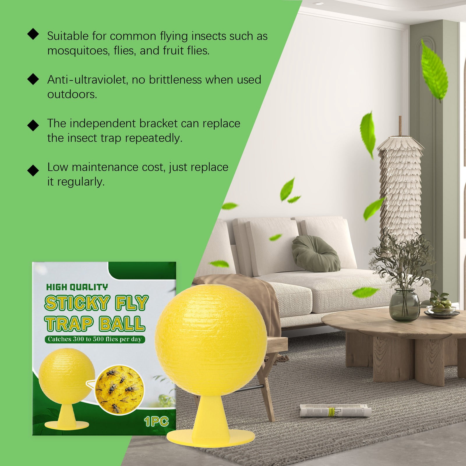 MoonSpry Sticky Fly Trap Ball - Effective Sticky Insect Catcher with Strong Adhesion for Indoor Outdoor Use, Home Patio Garden Kitchen - Yellow Fly Trapper with Stand for Flying Insects