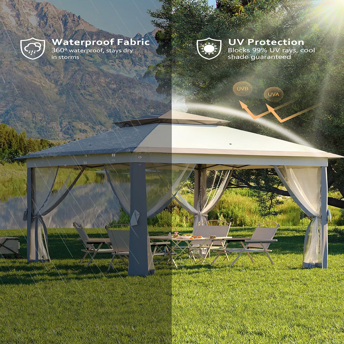 Ataucjin 11x11 FT Outdoor Gazebo, Heavy Duty Pavilion with Sturdy Metal Frame & Double Roofs, Patio Shelter with Mosquito Netting, Ideal for Backyard, Garden, Lawn, Deck