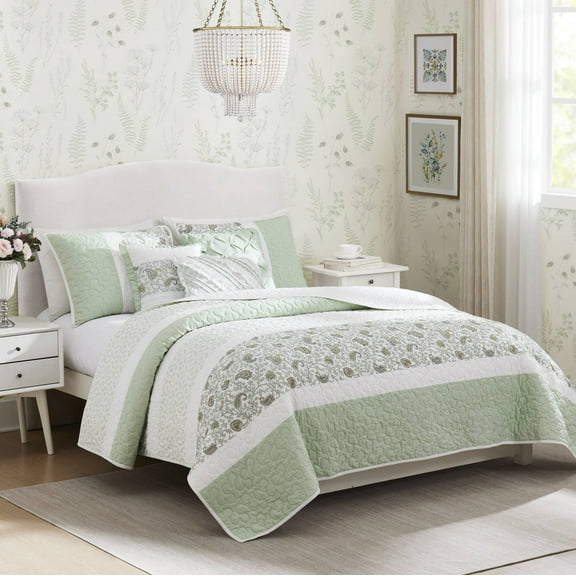 Noaman 6-Piece Cotton Percale Quilt Set with 3 Decorative Pillows, Sage Green Floral Design, Full/Queen Size 90x90 Inch
