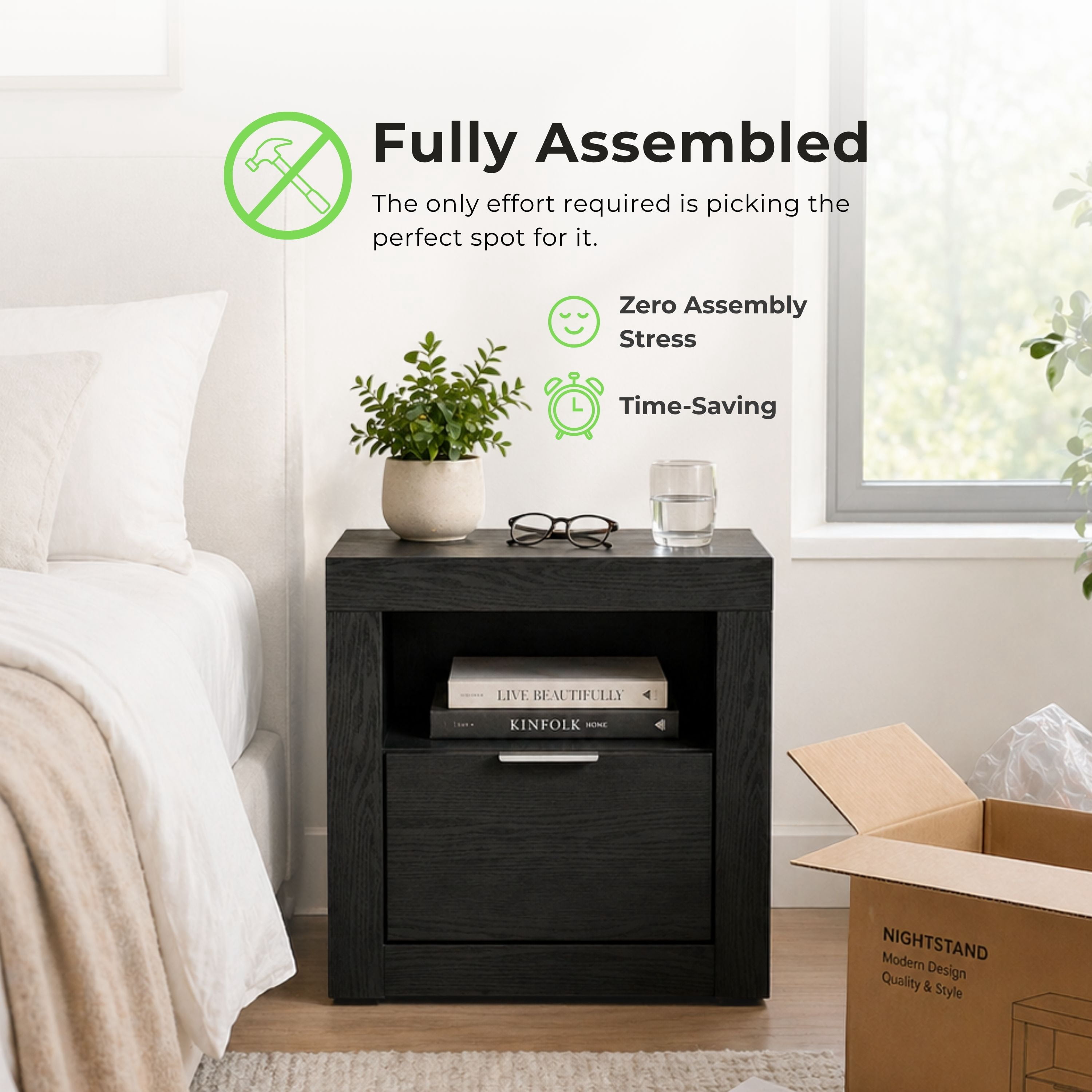 Furniture of America Talia Modern Solid Wood 1-Drawer Nightstand with Open Shelf, Black