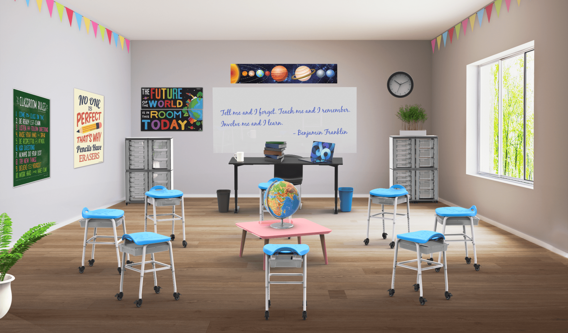 LUXOR MBS-STOOL-2 Adjustable-Height Stackable Classroom Stool with Wheels and Storage