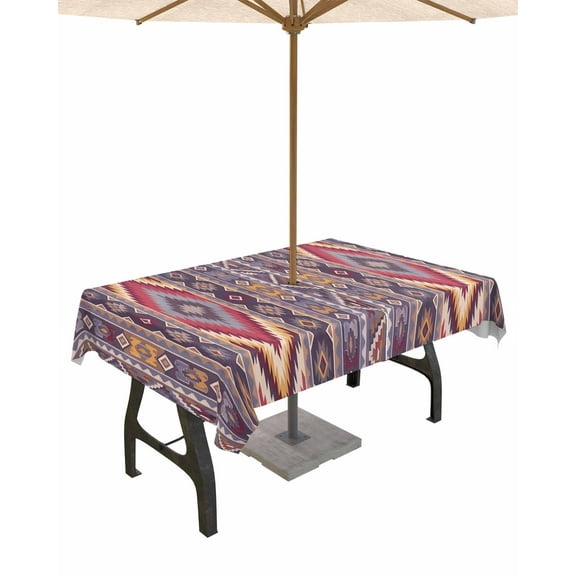 Fsddascl Southwest Aztec Outdoor Tablecloth - 54x80 Inch Rectangle Dining Table Cover, Country Retro Ethnic Geometric Motifs Waterproof Outdoor Table Cloth with Umbrella Hole & Zipper for Patio