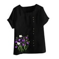 thumbnail image 4 of Womens Linen Shirts Cute Summer Tops Casual Linen Round-Neck Top Printed Short Sleeve Button T-shirt Blouse 3XL, 4 of 4