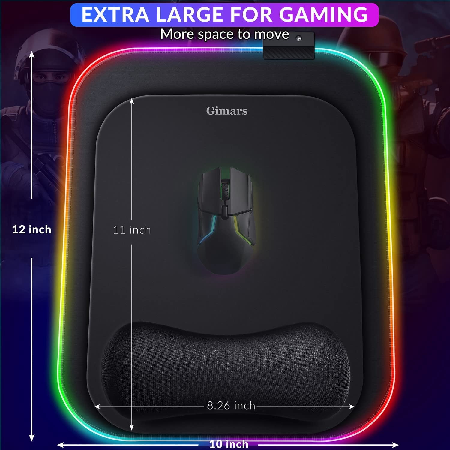 RGB Mouse Pad with Wrist Rest Support, 12 x 10 in Extra Large Ergonomic Gaming Mouse Pad with 10 LED Lighting Modes, Non-Slip Rubber Base for PC Gaming & Office
