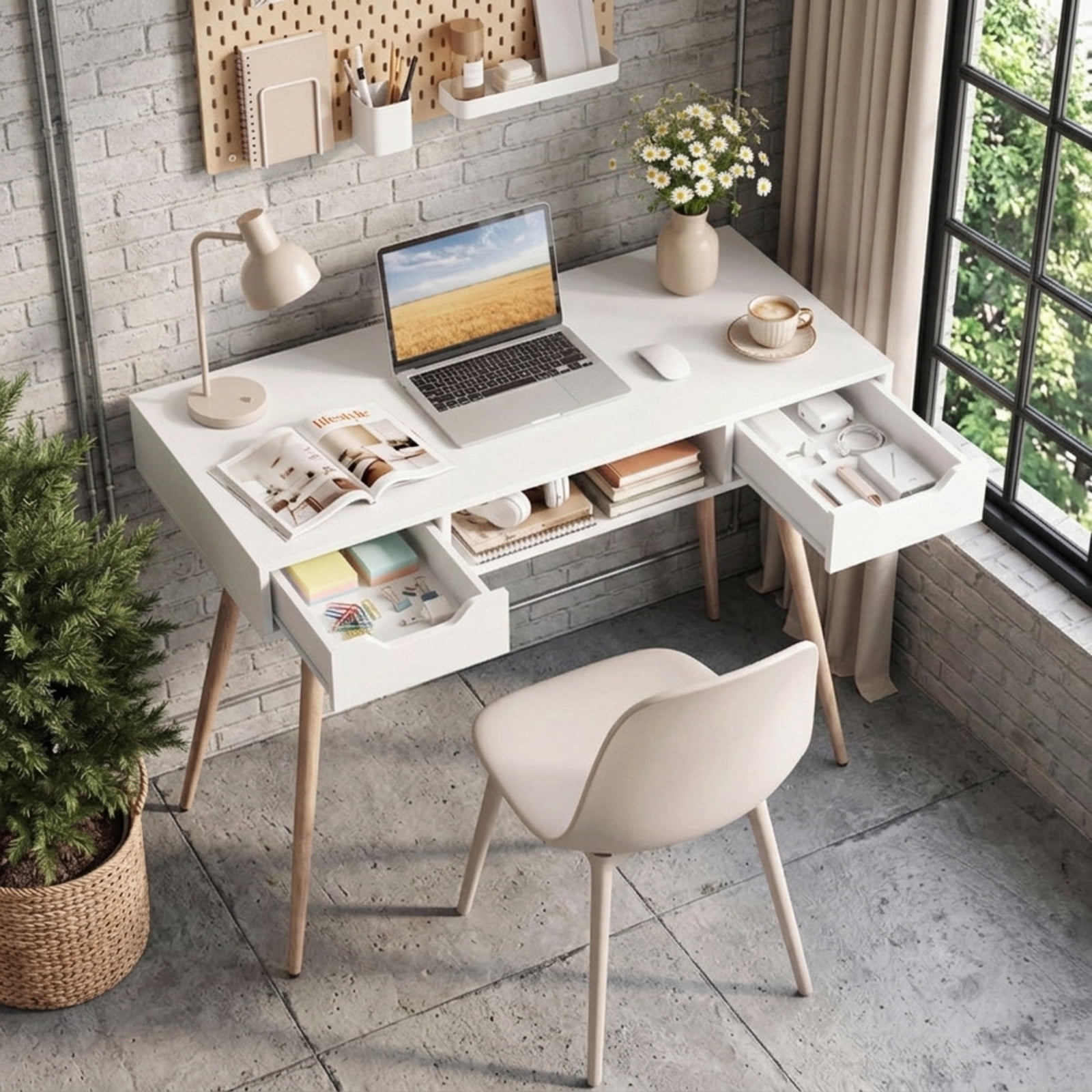 Furnibear 42.5 Inch Mid Century Modern Writing Desk With Metal Legs and 2 Drawers, White Desk With Open Compartment for Bedroom, White