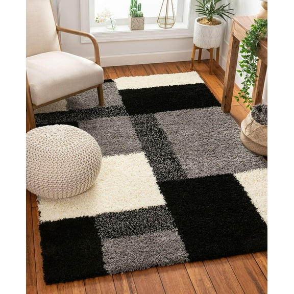 Well Woven Madison Shag Cubes Black Thick Shag 5' x 7'2" Area Rug
