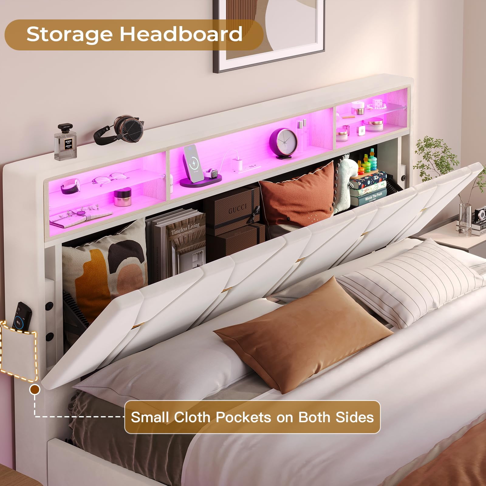 Afuhokles Queen Bed Frame with Headboard Storage and LED Lights, Platform Bed Frame with Charging Station, Velvet Upholstered Bed with Adjustable Headboard, White