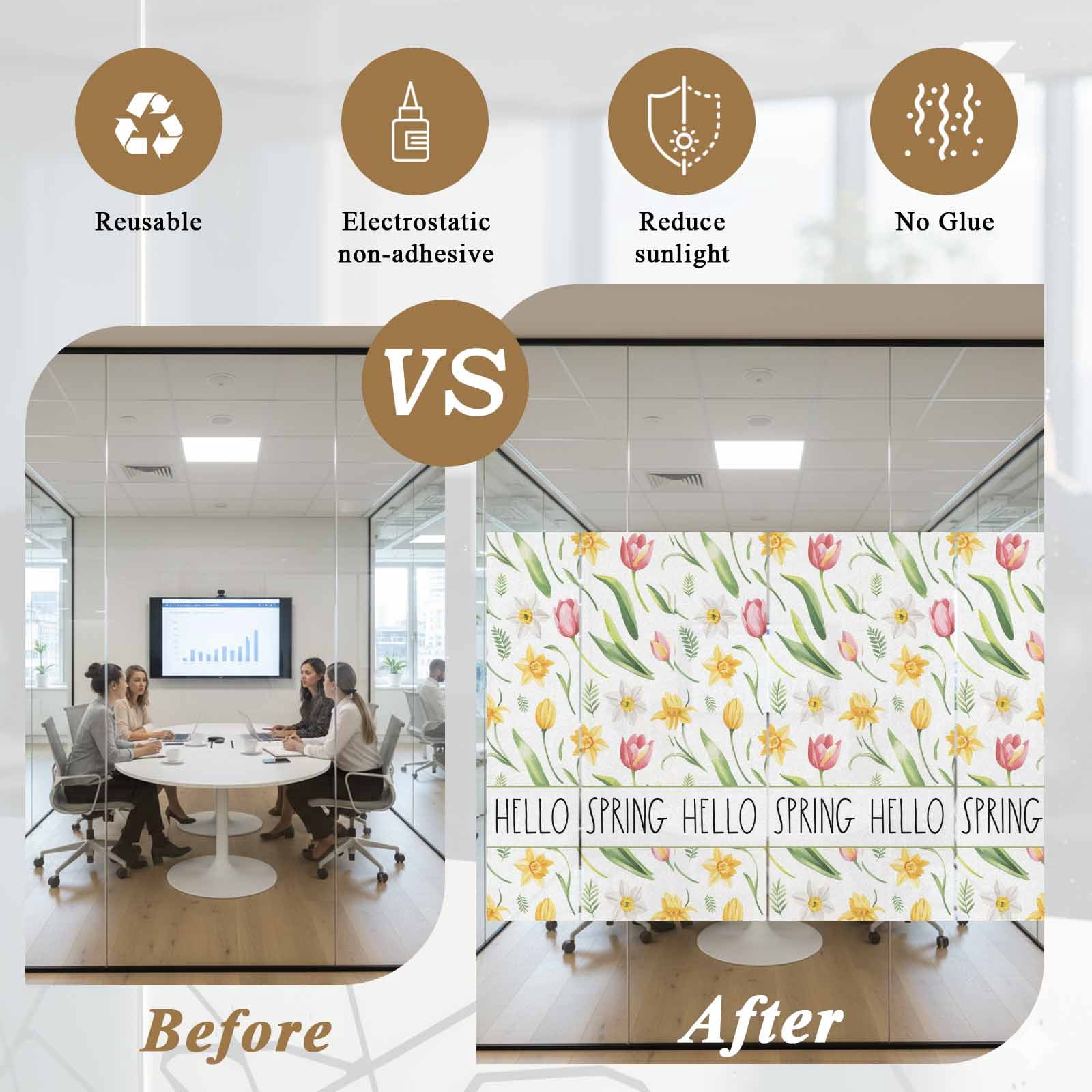 Hello Spring Window Privacy Film, Yellow Pink Tulip Flowers Green Leaf Pastoral Frosted Glass Window Clings Static Cling UV Heat Blocking Reusable Door Sticker for Bathroom 23.6 x 59 Inch