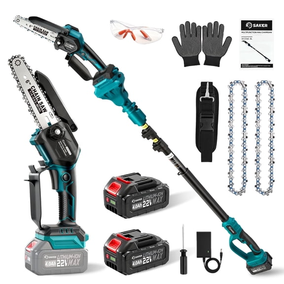 Saker 6-Inch Electric Pole Saw, 2-in-1 Cordless Mini Chainsaw with 2x 22V 4000mAh Batteries, Ideal for Wood Cutting & Tree Trimming