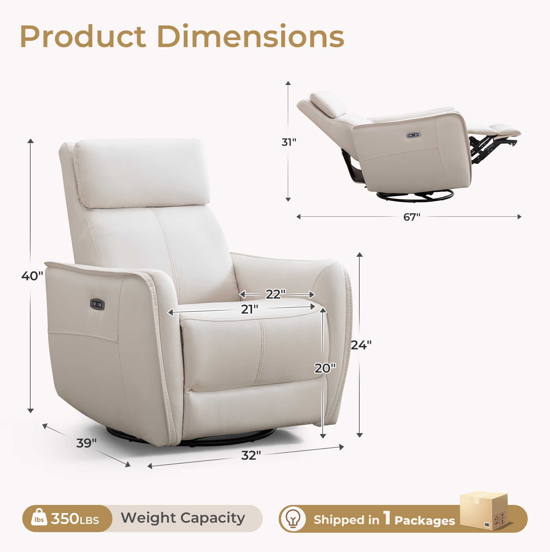 Ebello Power PU Leather Swivel Rocker Recliner, Electric Swivel Glider Chair with USB & Type-C Ports for Nursery, Living Room, Beige