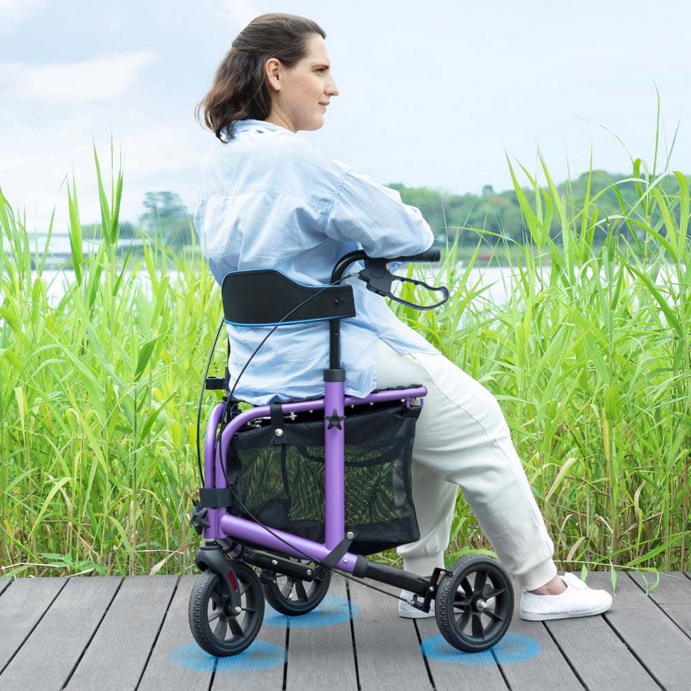 WalkMate 3 Wheel Rollator Walker for Slim Senior, 8'' Wheel Lightweight Folding Walker, Purple