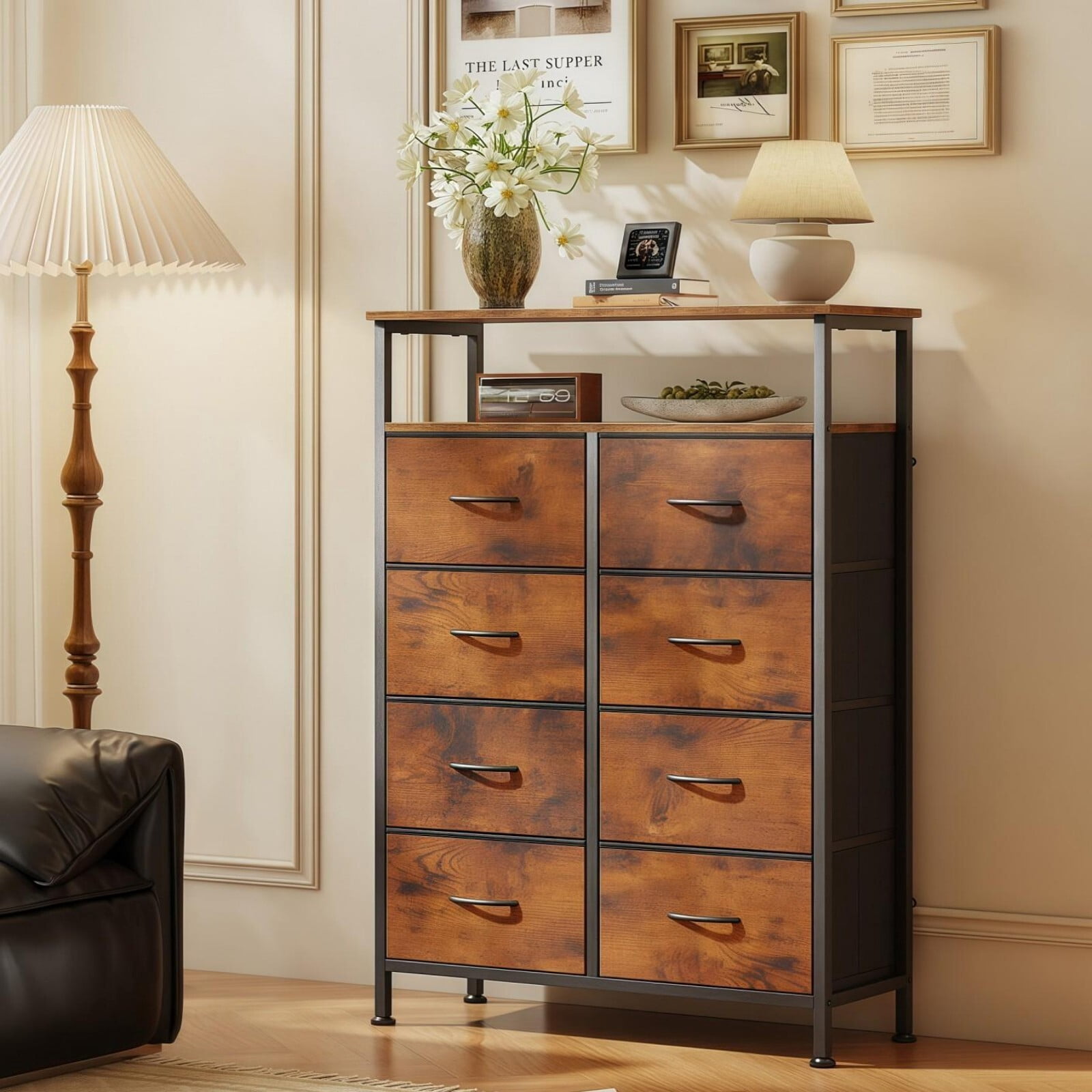 BEAUTYPEAK 8 Drawer Fabric Dresser with Wood Top Open Shelf Storage Chest with Adjustable Feet, Rustic Brown