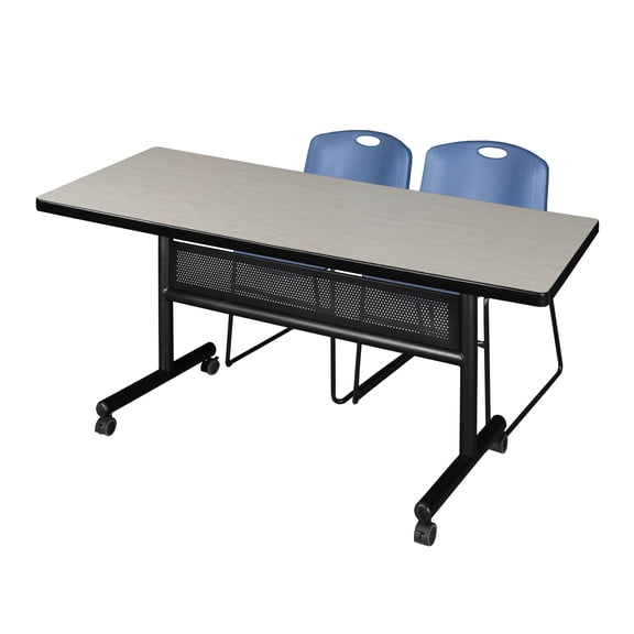 72" x 30" Flip Top Mobile Training Table with Modesty Panel- Maple and 2 Zeng Stack Chairs- Blue