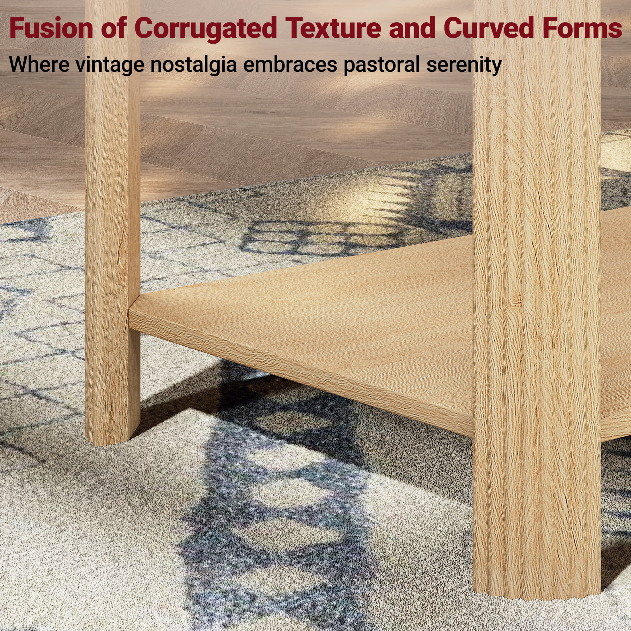 Noble House 39.4" Rectangular Coffee Table with 2-Tier Storage Shelf, Vertical Wave Grain Legs, Oak