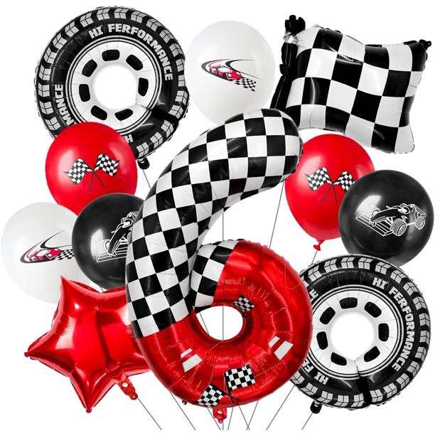 racing theme 40-inch digital foil balloon, featuring black and white checkered pattern and red racing elements, perfect for birthday party decorations and racing-themed events. (Number 3, 11)