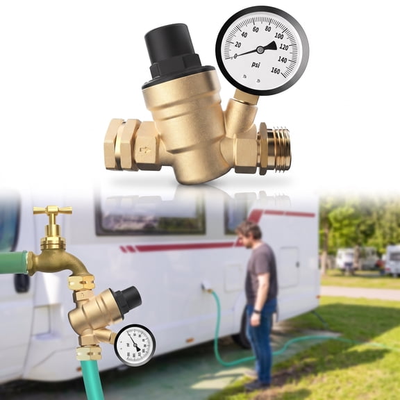 Dkriqie RV Water Pressure Regulator with Gauge Adjustable Lead-Free Brass (0-160 PSI)