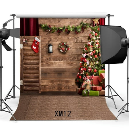 Image of HelloDecor 5x7ft Photography Backdrop Merry Christmas Tree Gifts Garland Stocking Lantern Vintage Wood Wall Xmas Backdrops for Baby Kids Adults Happy New Year Background Photo Studio Props