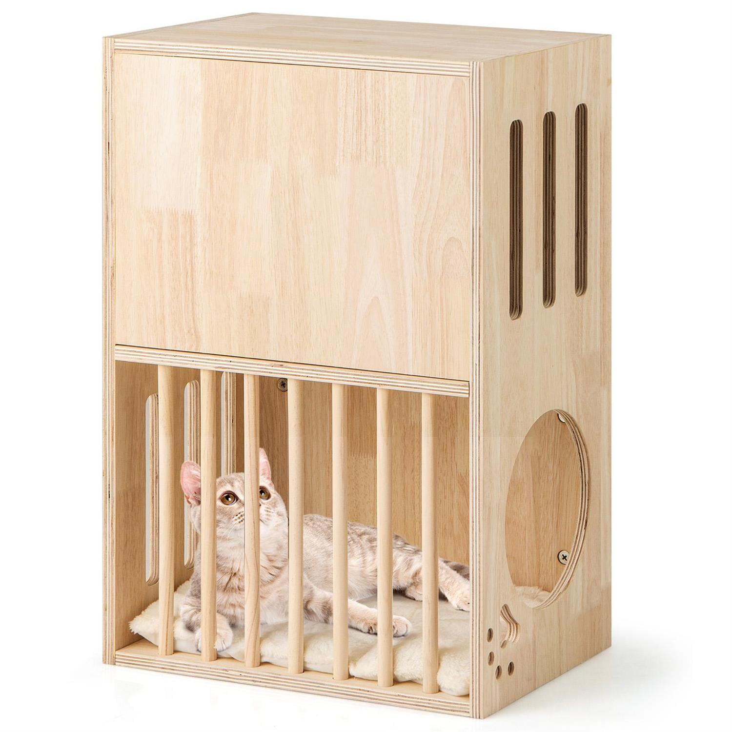 Pefilos 2-Tier Wooden Cat Condo, Symmetrical Design & Removable Cushions, Pine Poles & Air Vents, Brown
